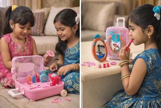 Kids Makeup Set Trolley Suitcase for Girls – 15 Pieces Pretend Play Beauty Kit with Toy Hair Dryer, Lipsticks, Mirror & Accessories, Role Play Makeup Toy, Gift for Girls 3+ Years