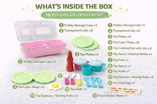 Kitchen Play Set for Kids with Trolley, 18-Piece Pretend Cooking Toy Set, Role Play Educational Kitchen Toys for Children, Portable Storage Box with Wheels for 3+ Years