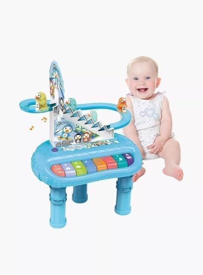 Penguin Musical Activity Table with Circular Slide, Piano Keys, Blue, Interactive Learning Toy for Kids