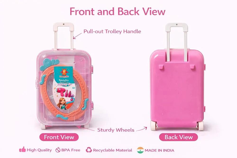 Kids Makeup Set Trolley Suitcase for Girls – 15 Pieces Pretend Play Beauty Kit with Toy Hair Dryer, Lipsticks, Mirror & Accessories, Role Play Makeup Toy, Gift for Girls 3+ Years