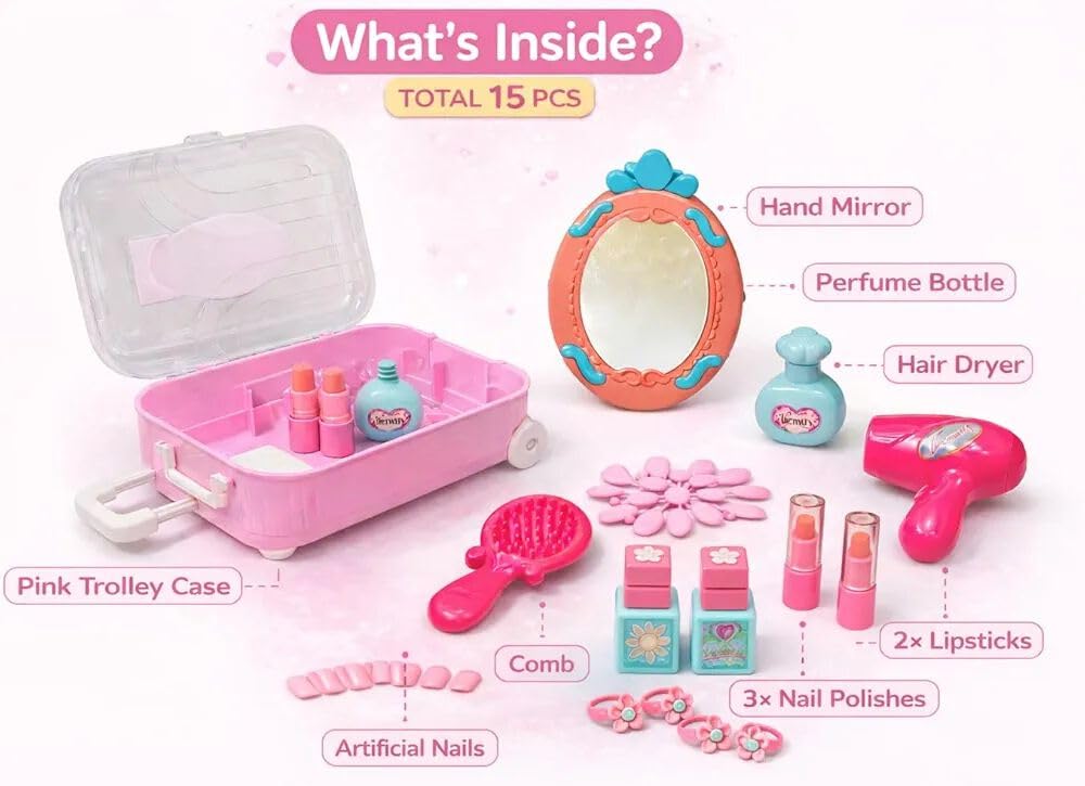 Kids Makeup Set Trolley Suitcase for Girls – 15 Pieces Pretend Play Beauty Kit with Toy Hair Dryer, Lipsticks, Mirror & Accessories, Role Play Makeup Toy, Gift for Girls 3+ Years