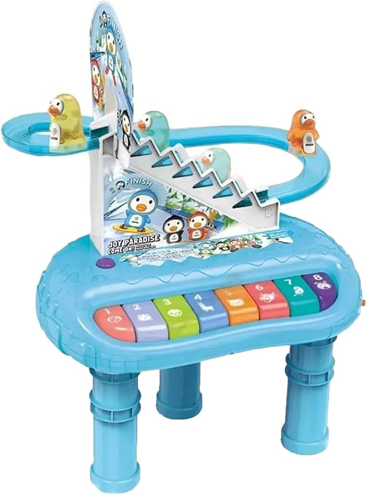 Penguin Musical Activity Table with Circular Slide, Piano Keys, Blue, Interactive Learning Toy for Kids