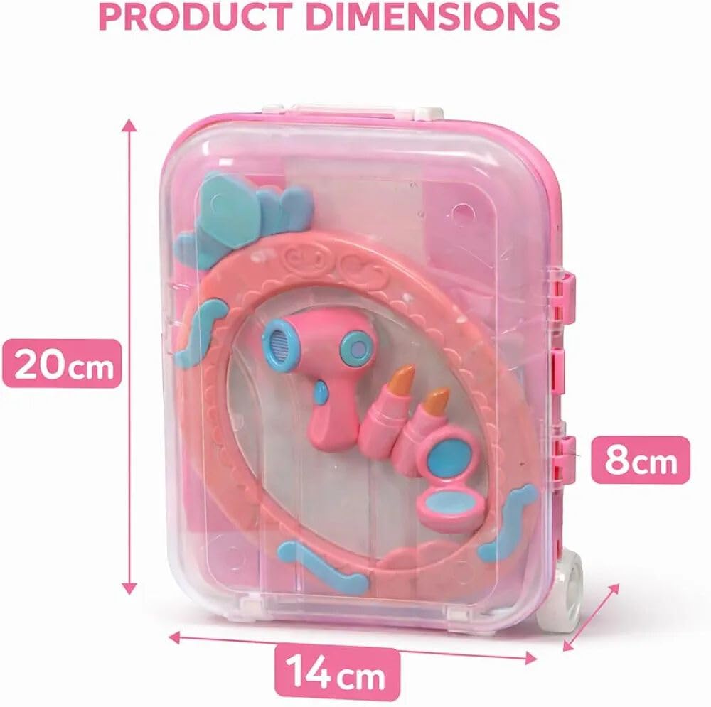 Kids Makeup Set Trolley Suitcase for Girls – 15 Pieces Pretend Play Beauty Kit with Toy Hair Dryer, Lipsticks, Mirror & Accessories, Role Play Makeup Toy, Gift for Girls 3+ Years