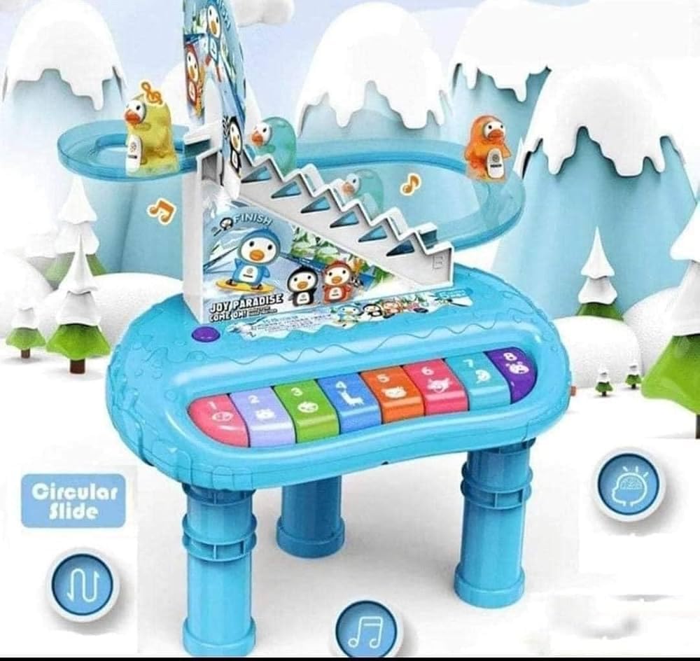 Penguin Musical Activity Table with Circular Slide, Piano Keys, Blue, Interactive Learning Toy for Kids