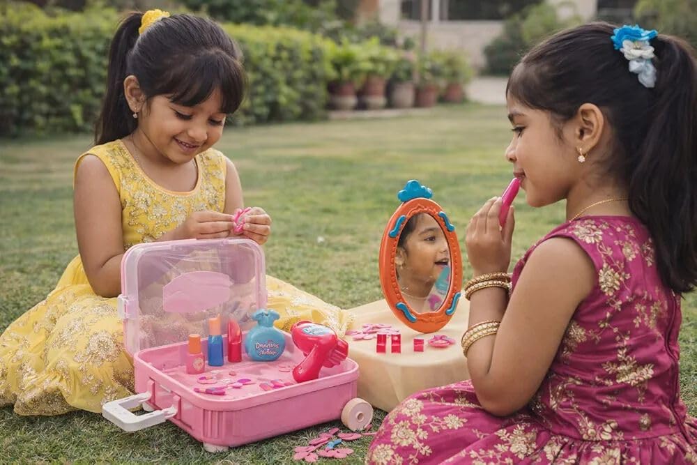 Kids Makeup Set Trolley Suitcase for Girls – 15 Pieces Pretend Play Beauty Kit with Toy Hair Dryer, Lipsticks, Mirror & Accessories, Role Play Makeup Toy, Gift for Girls 3+ Years