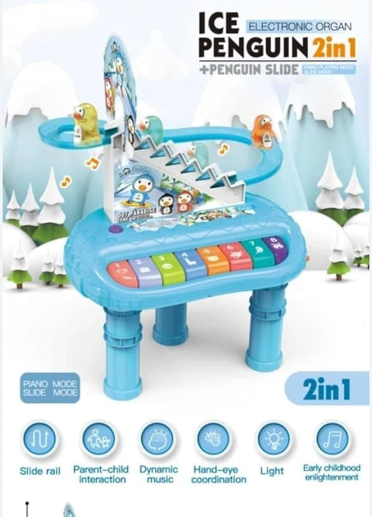 Penguin Musical Activity Table with Circular Slide, Piano Keys, Blue, Interactive Learning Toy for Kids