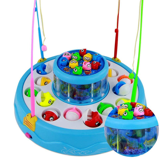 Fish Catching Game Big Size with 26 Fishes, 2 Rotating Fish Pond, 4 Catching Pods Magnetic Hooks with Music and Light Best Engaging Educating Fun Gift for Kids Baby Toddler (Blue)