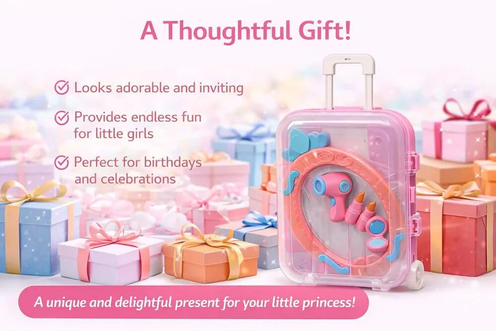 Kids Makeup Set Trolley Suitcase for Girls – 15 Pieces Pretend Play Beauty Kit with Toy Hair Dryer, Lipsticks, Mirror & Accessories, Role Play Makeup Toy, Gift for Girls 3+ Years