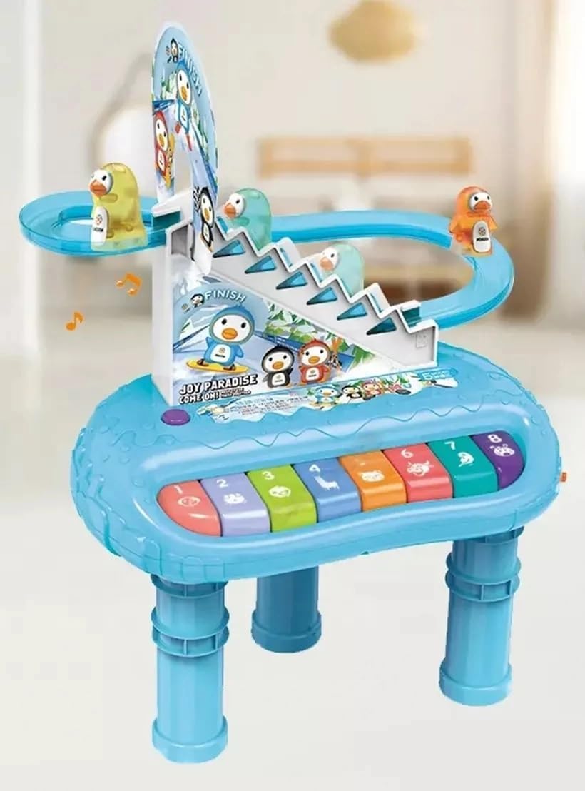 Penguin Musical Activity Table with Circular Slide, Piano Keys, Blue, Interactive Learning Toy for Kids