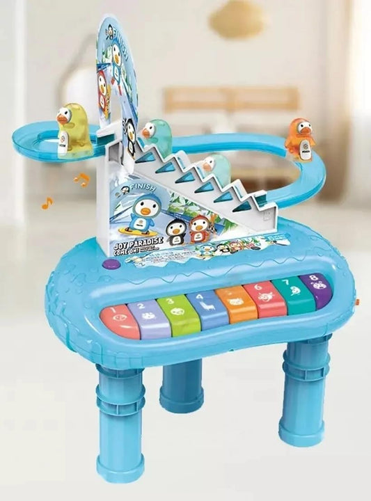 Penguin Musical Activity Table with Circular Slide, Piano Keys, Blue, Interactive Learning Toy for Kids
