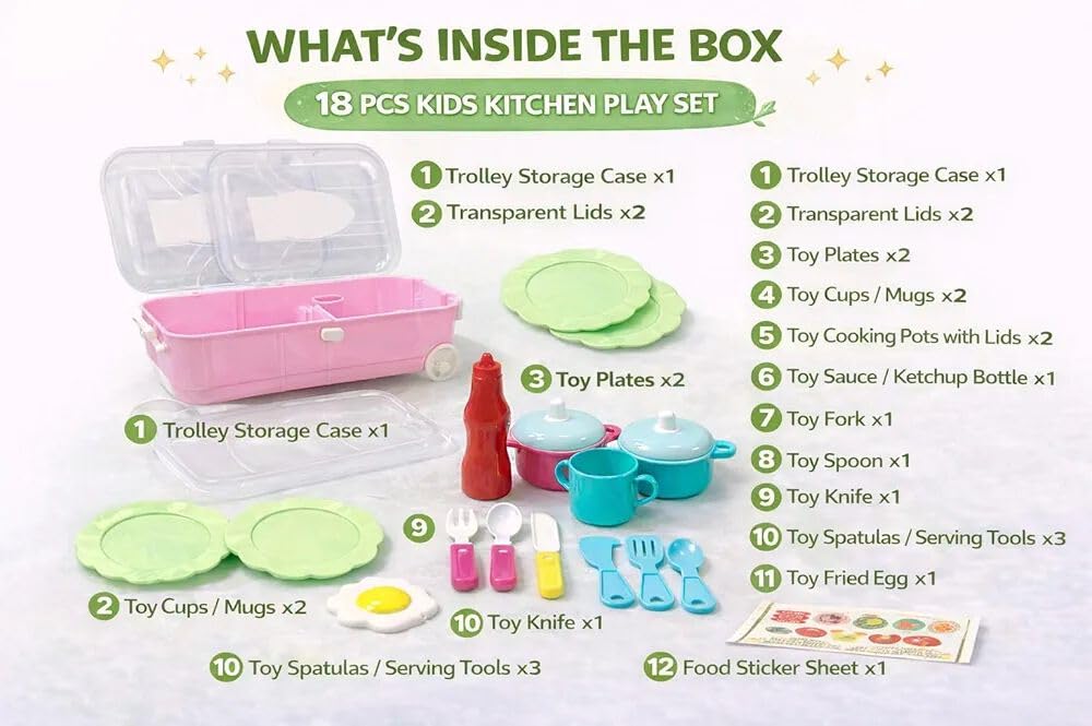 Kitchen Play Set for Kids with Trolley, 18-Piece Pretend Cooking Toy Set, Role Play Educational Kitchen Toys for Children, Portable Storage Box with Wheels for 3+ Years