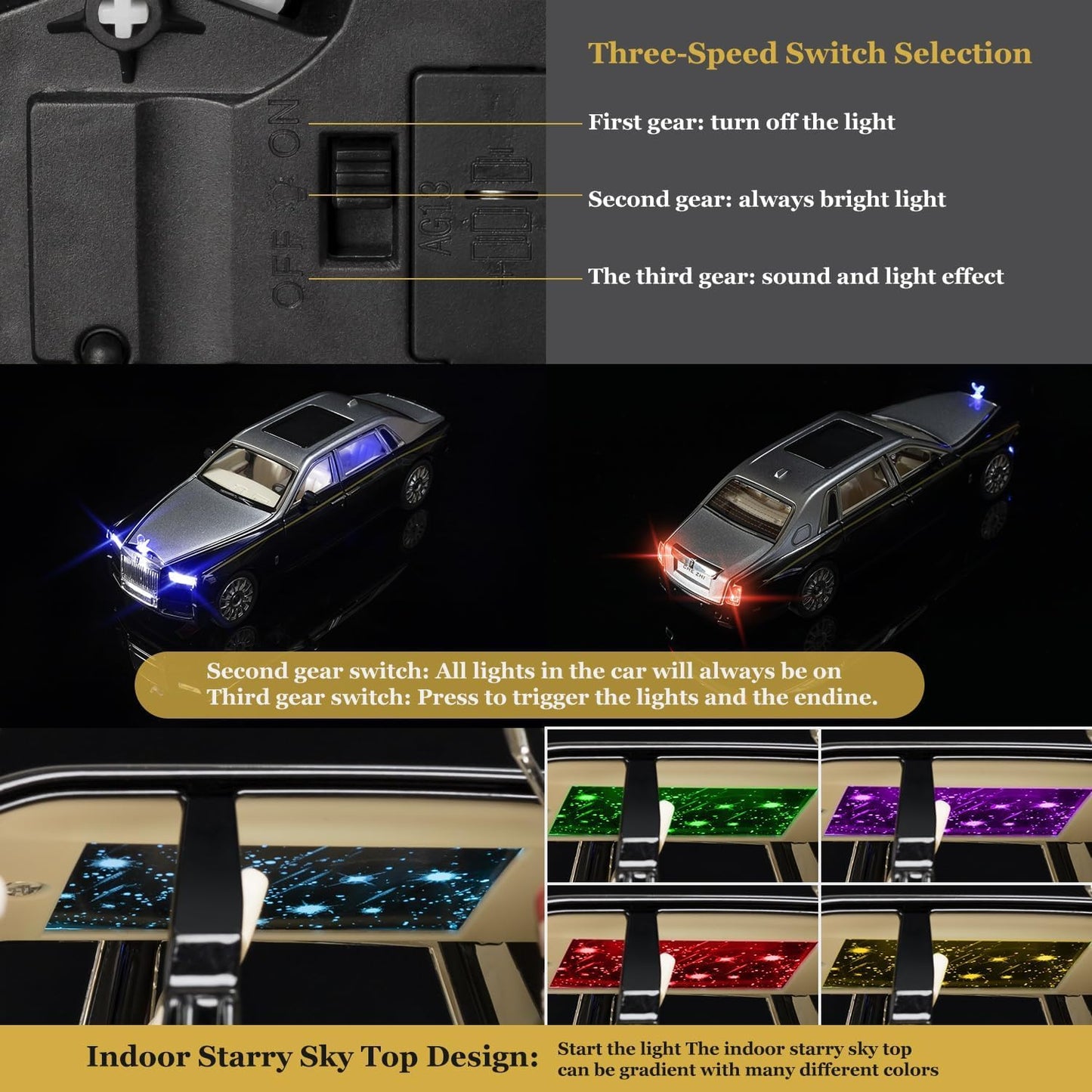 Rolls Royce Phantom Model Car 1:24 Scale Exclusive Alloy Metal Car Pull Back Die-cast Toy with Openable Doors & Light MusicColors As Per Stock (Rolls Royce Phantom)