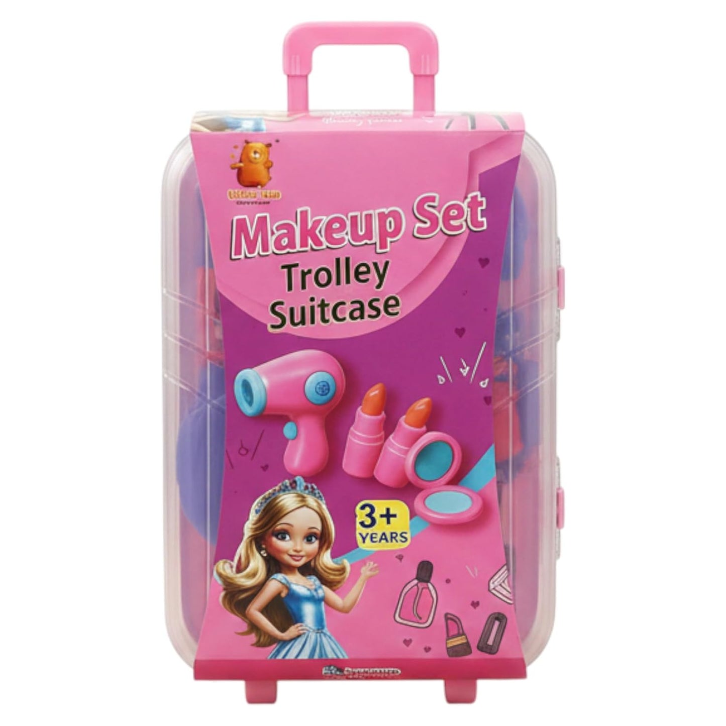 Kids Makeup Set Trolley Suitcase for Girls – 15 Pieces Pretend Play Beauty Kit with Toy Hair Dryer, Lipsticks, Mirror & Accessories, Role Play Makeup Toy, Gift for Girls 3+ Years