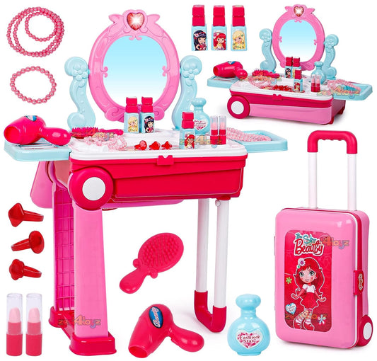 Toyz Beauty Makeup Kit for Doll Girls Cosmetic Set 2 in 1 Vanity Table Portable Trolley Pretend Play Set Toy with Make up Accessories for Kids Plastic (Pink) 21 Pieces