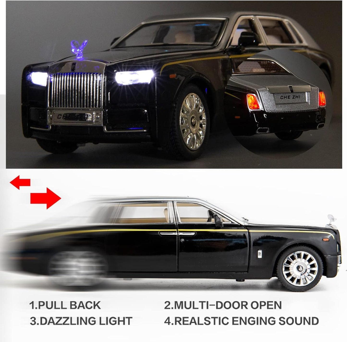 Rolls Royce Phantom Model Car 1:24 Scale Exclusive Alloy Metal Car Pull Back Die-cast Toy with Openable Doors & Light MusicColors As Per Stock (Rolls Royce Phantom)