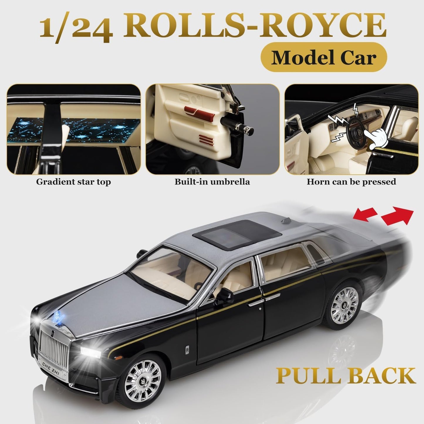 Rolls Royce Phantom Model Car 1:24 Scale Exclusive Alloy Metal Car Pull Back Die-cast Toy with Openable Doors & Light MusicColors As Per Stock (Rolls Royce Phantom)